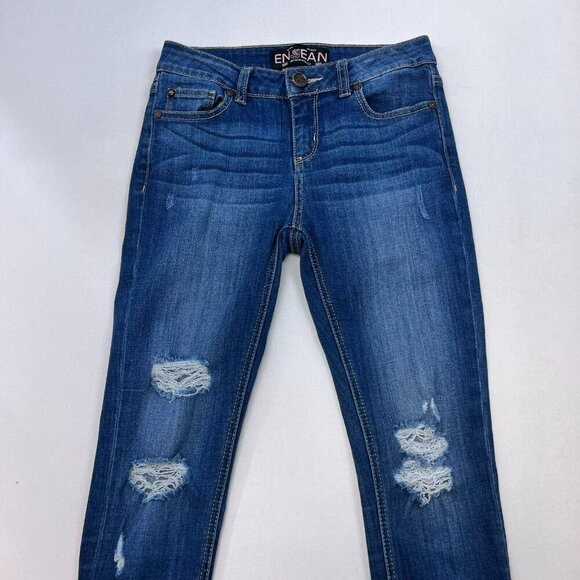 Enjean Womens Blue Regular Fit Medium Wash Distressed Skinny Leg Jeans Size 3 - Picture 2 of 8